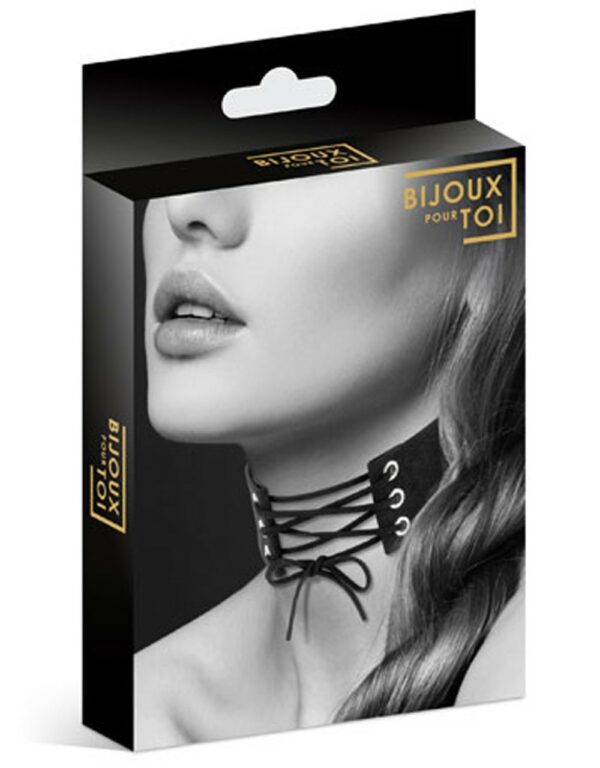 Collier en cuir noir SM avec lacet – Image 2