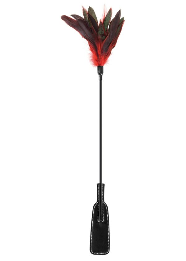Cravache noire bdsm avec plumes noires rouges